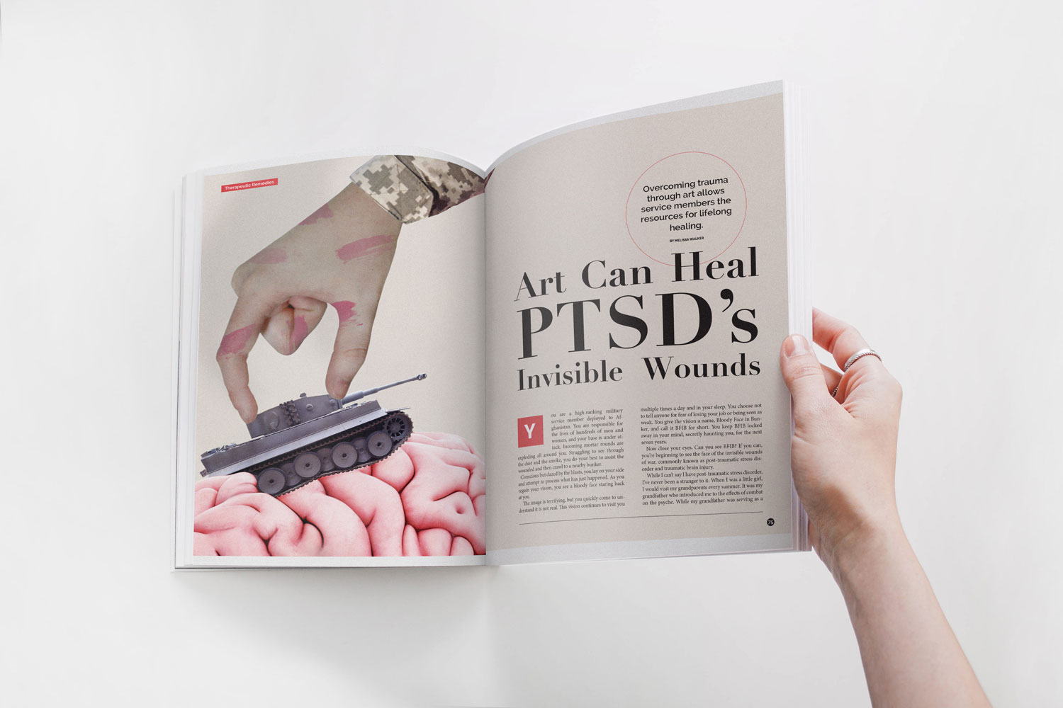 Woman's hand holding open a magazine spread of 'Art Can Heal PTSD's Invisible Wounds.'