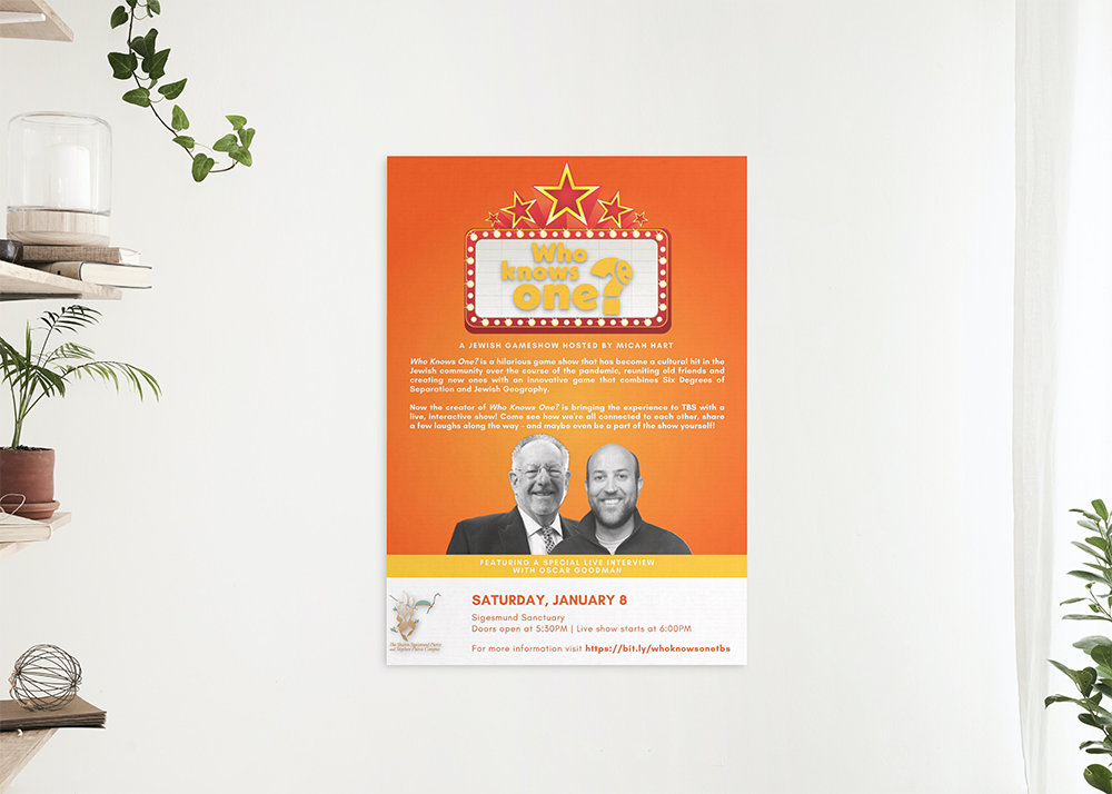 Flyer of gameshow event on blank wall.'
